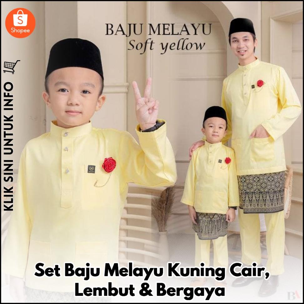 Set Baju Melayu Kuning Cair, Lembut & Bergaya