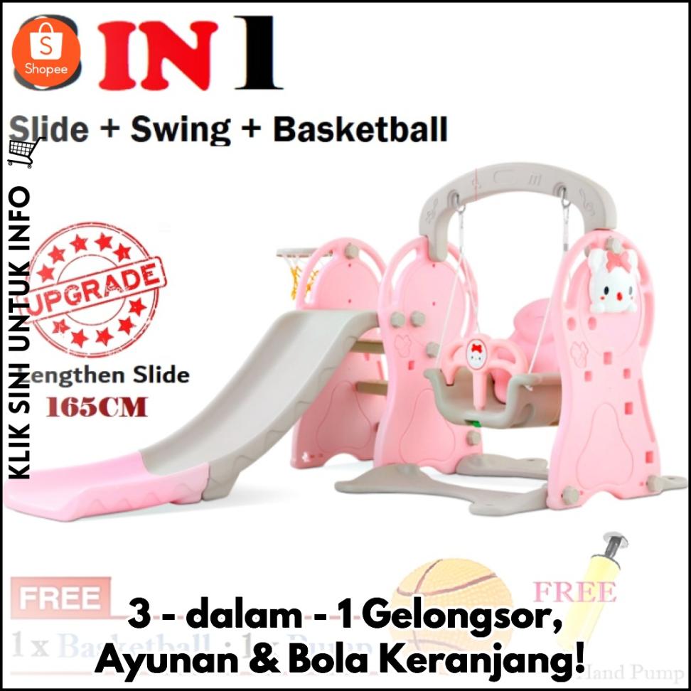 3-dalam-1 Gelongsor, Ayunan & Bola Keranjang!