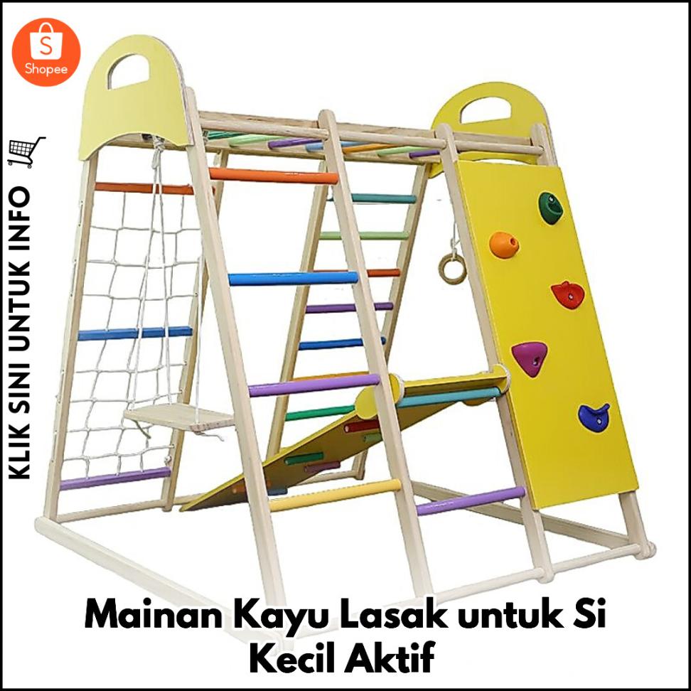 Rumah Mainan Kayu Padu dengan Gelongsor & Buaian
