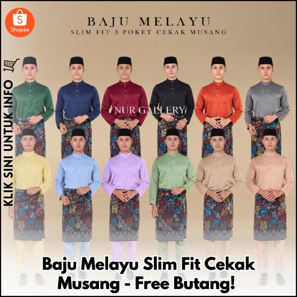 Baju Melayu Slim Fit Cekak Musang - Free Butang!