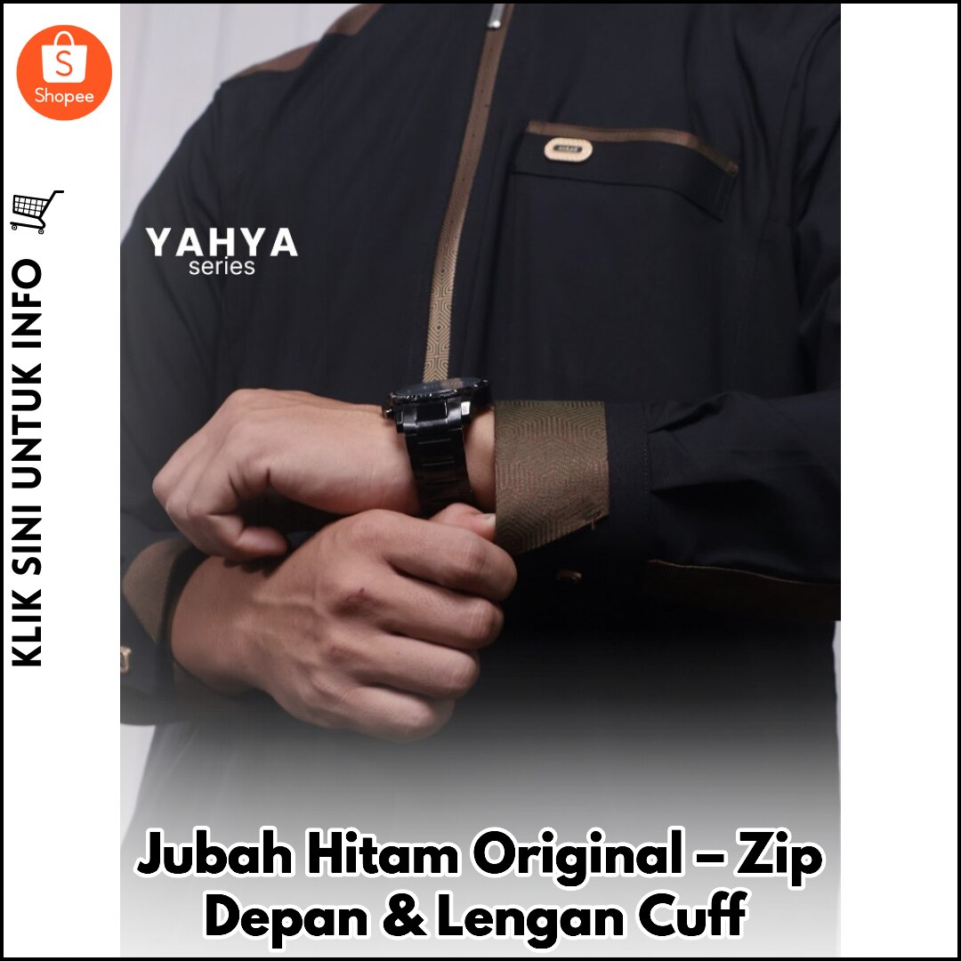 Jubah Hitam Original – Zip Depan & Lengan Cuff