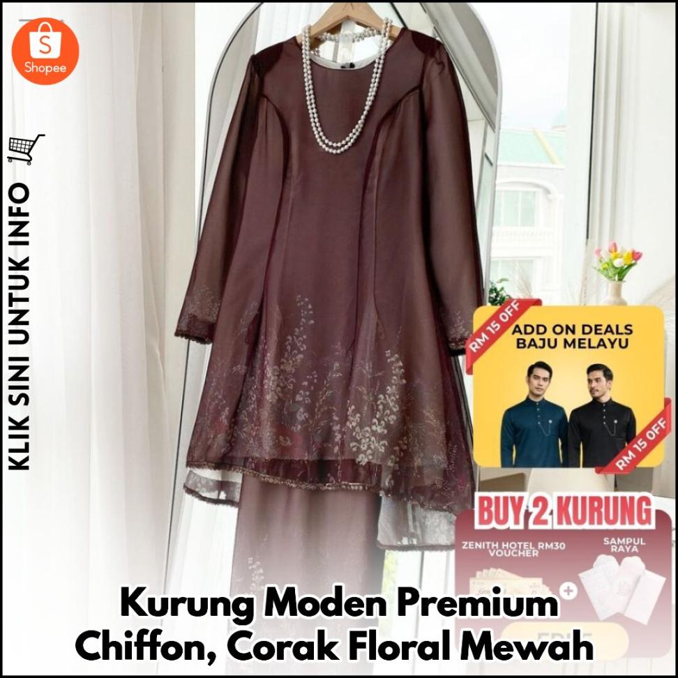 Kurung Moden Premium Chiffon, Corak Floral Mewah