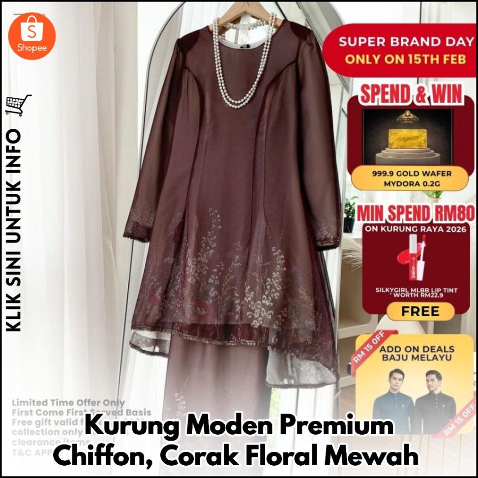 Kurung Moden Premium Chiffon, Corak Floral Mewah