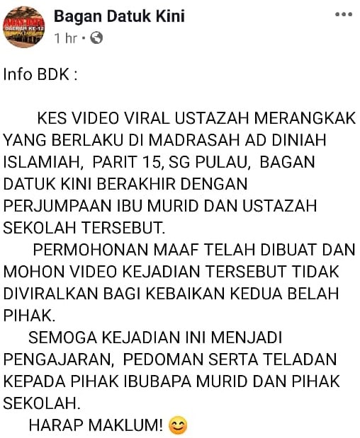 Penangan Viral Video Merangkak, Ibu Murid Tampil Jumpa Ustazah & Mohon Maaf