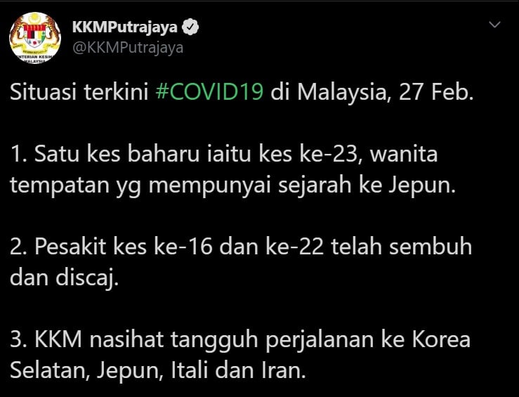 Malaysia Baru Nak Bebas Koronavirus, Namun Wanita Baru Balik Jepun Bawa Wabak
