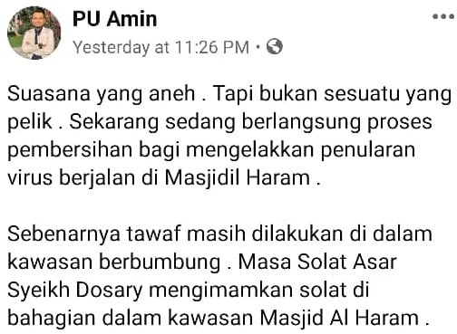 “Allah Datangkan Virus Sebagai Nasihat” – PU Amin Ulas Punca Ruang Tawaf Sepi