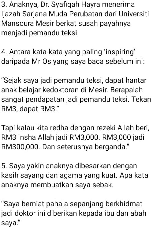 Berkat Driver Teksi Yang Rajin Sedekah, Mr Os Berjaya Besarkan Anak Jadi Doktor