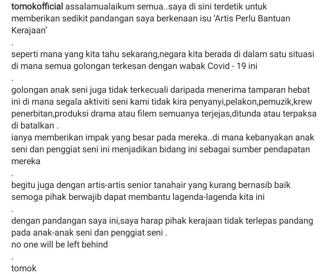 Selepas Black, Tomok Pula Bersuara Tentang Bantuan Untuk Artis Pada Musim PKP