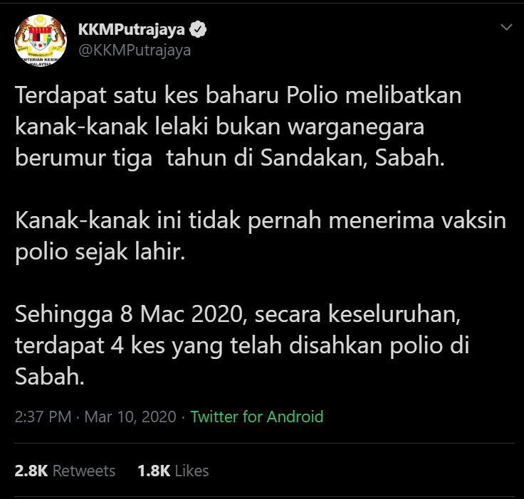 Masih Belum Habis Panik Koronavirus, Sabah Pula Catatkan Wabak Polio Terbaru