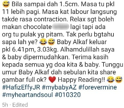 Isteri Kongsi Pengalaman Rileks Bersalin Anak Kedua, Rupanya Hafiz Yang Pitam