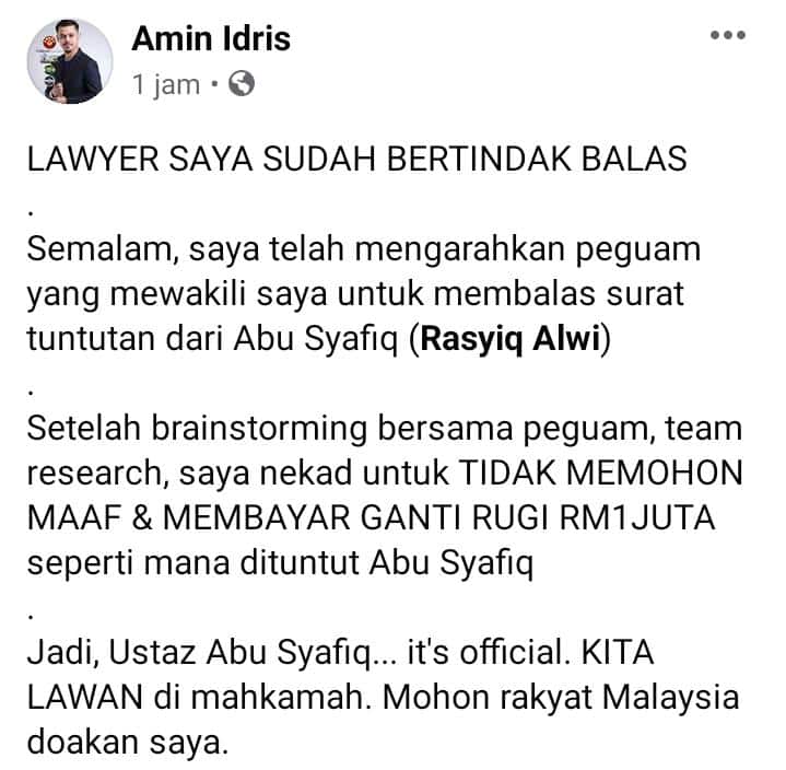 Nekad Enggan Mohon Maaf, Amin Idris Tak Gentar Lawan Ustaz Abu Di Mahkamah