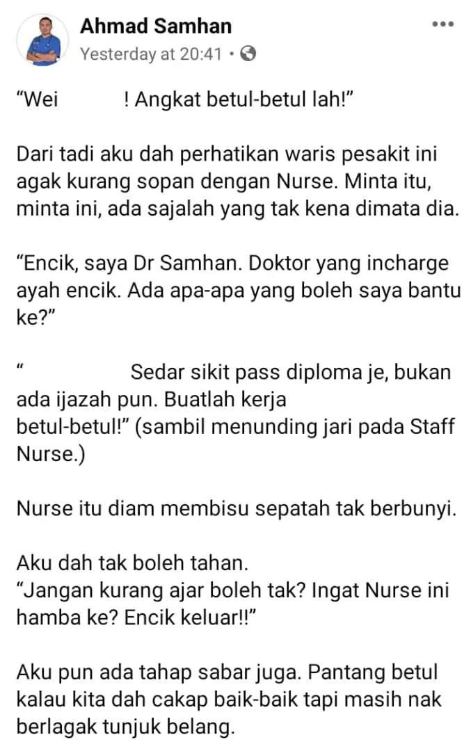 Mereka Juga Berhak Rasa Hormat, Doktor Bengang Nurse Dilayan Seperti Hamba