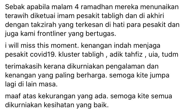 Lengang Semua Penghuni Dah Discaj, Frontliner Rindu Dengar Alunan Ayat Suci