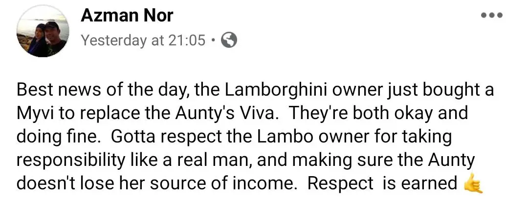Lepas Remuk Dihentam, Pemilik Lamborghini Gantikan Ibu Tunggal Kereta Baru..