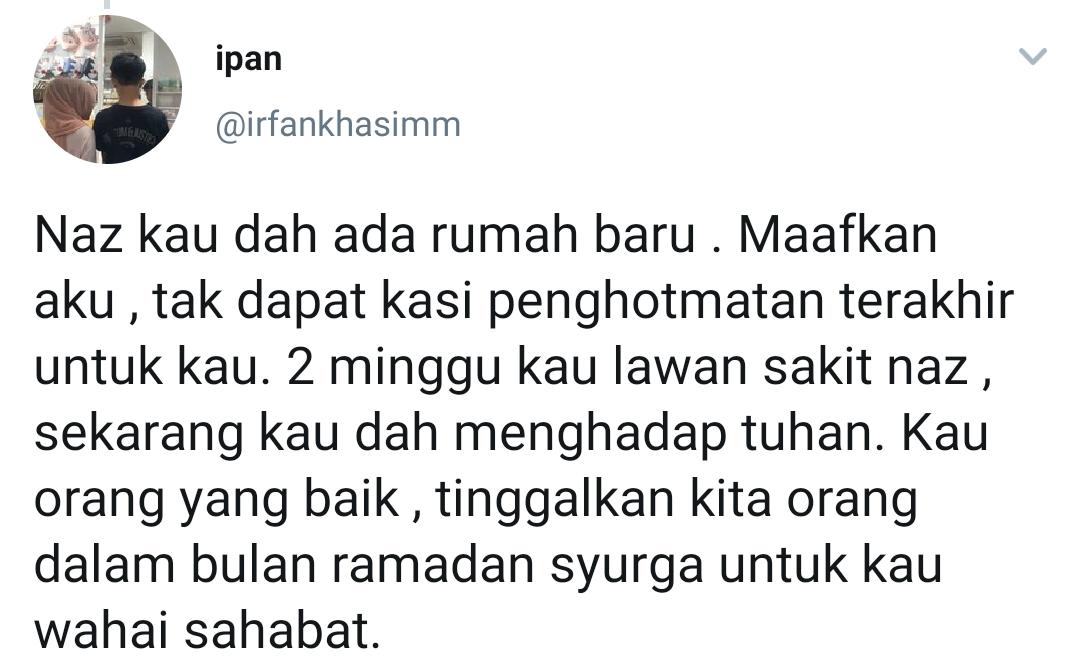 Kawan Derita Kanser Kini Bertemu Ilahi, Pemuda Kenang Pemergian Di Bulan Mulia