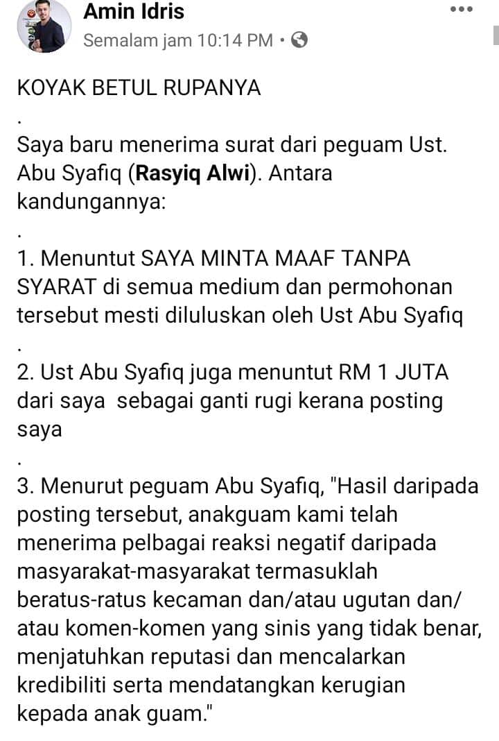 Nekad Enggan Mohon Maaf, Amin Idris Tak Gentar Lawan Ustaz Abu Di Mahkamah