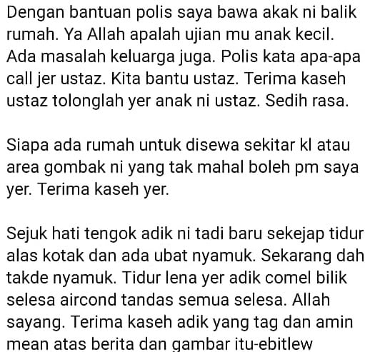 Sayu Anak Kecil Tidur Beralas Kotak Di Jejantas, Ustaz Ebit Lew Hulur Bantuan