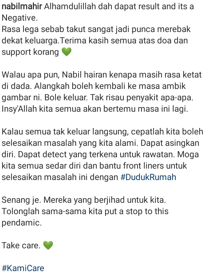 Jalani Ujian Saringan Drive-Thru Semalam, Nabil Mahir Syukur Keputusan Negatif