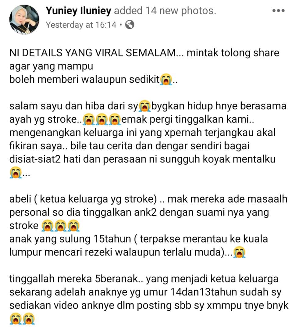 Ibu Larikan Diri, 5 Beradik Terpaksa Jadi Ketua Keluarga Tanggung Bapa Lumpuh