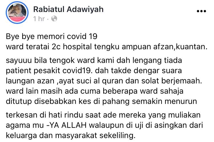 Lengang Semua Penghuni Dah Discaj, Frontliner Rindu Dengar Alunan Ayat Suci
