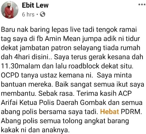 Sayu Anak Kecil Tidur Beralas Kotak Di Jejantas, Ustaz Ebit Lew Hulur Bantuan