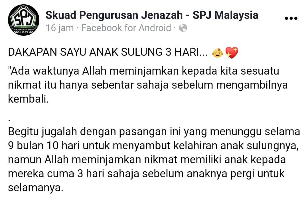 Luluh Hati Penantian 9 Bulan,  Zuriat Sulung Hanya Dipinjamkan Cuma 3 Hari..
