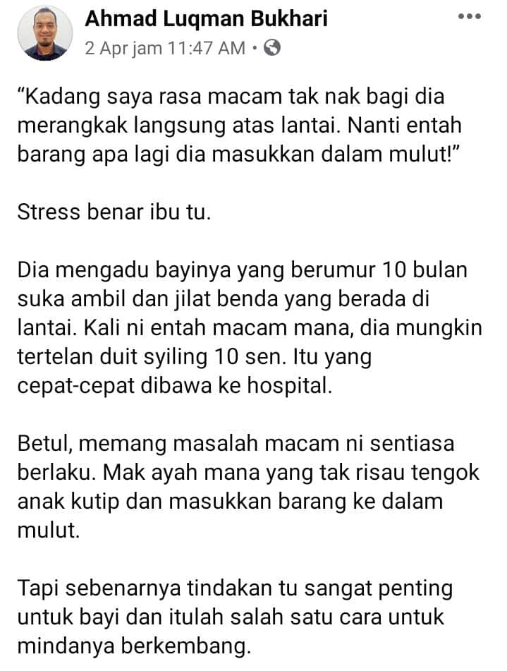 Paranoid Anak Merangkak Kutip Benda Masuk Mulut, Mak-Mak Tak Usah Risau Sebab..