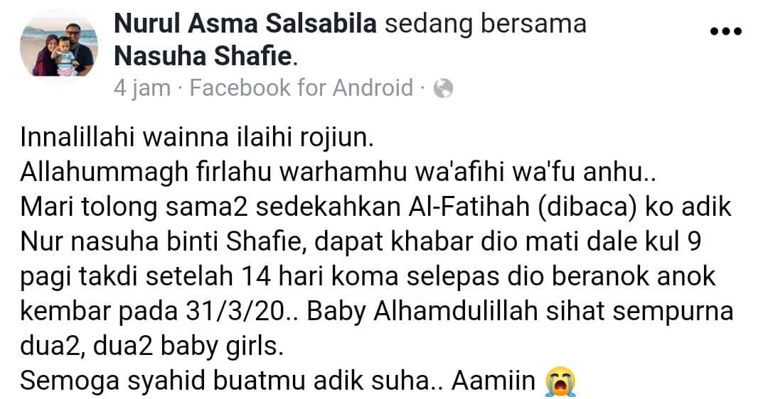 “Bangunlah Sayang Anak Kita Tunggu” -Ibu Bayi Kembar ‘Pergi’ Lepas 14 Hari Koma