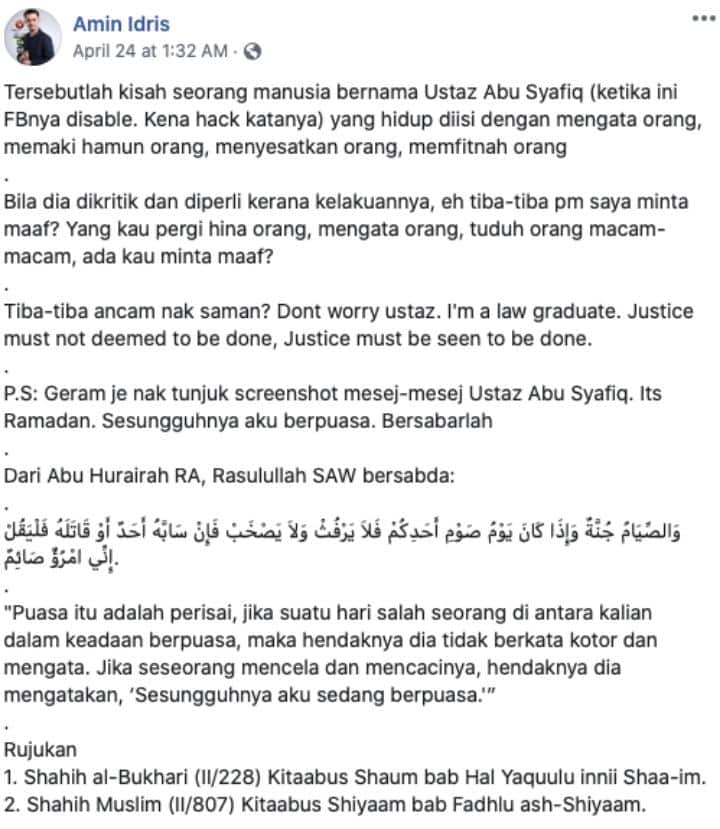 Nekad Enggan Mohon Maaf, Amin Idris Tak Gentar Lawan Ustaz Abu Di Mahkamah