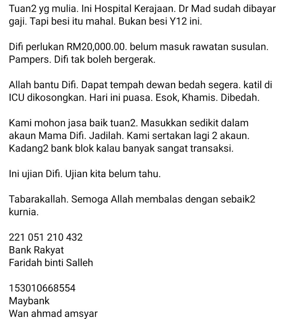 Anak Tahfiz Terbaring Kaku, Keluarga Buntu Fikirkan Kos Operation Hampir RM20K