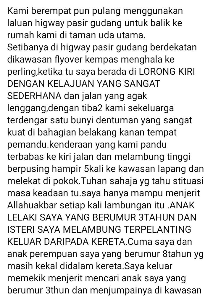 Anak 3 Tahun Terpelanting Keluar, Bapa Luah Syukur 4 Sekeluarga Masih Selamat