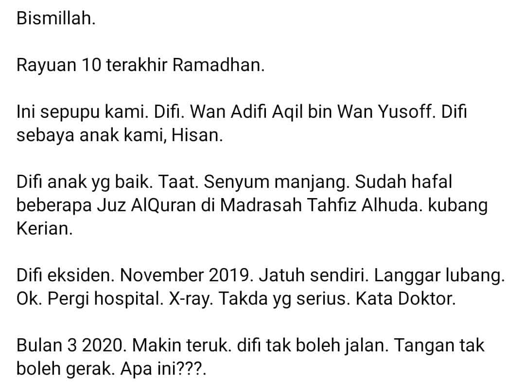 Anak Tahfiz Terbaring Kaku, Keluarga Buntu Fikirkan Kos Operation Hampir RM20K