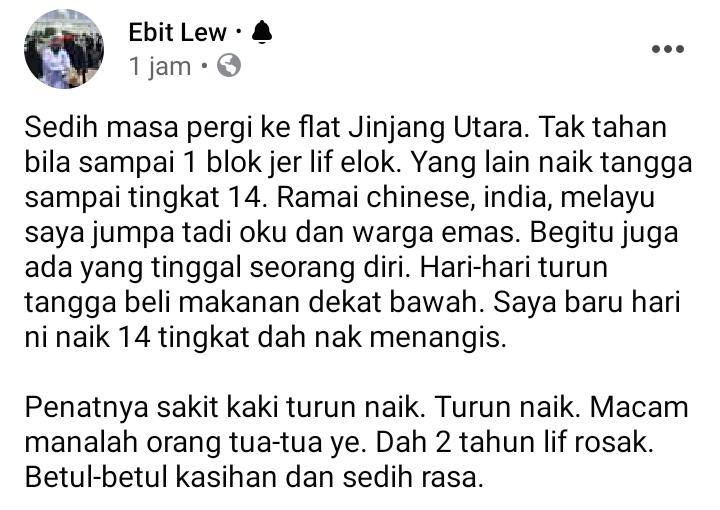 Warga Emas Kira Duit Sambil Menangis, Ebit Lew Sebak Ramai Lagi Perlu Bantuan