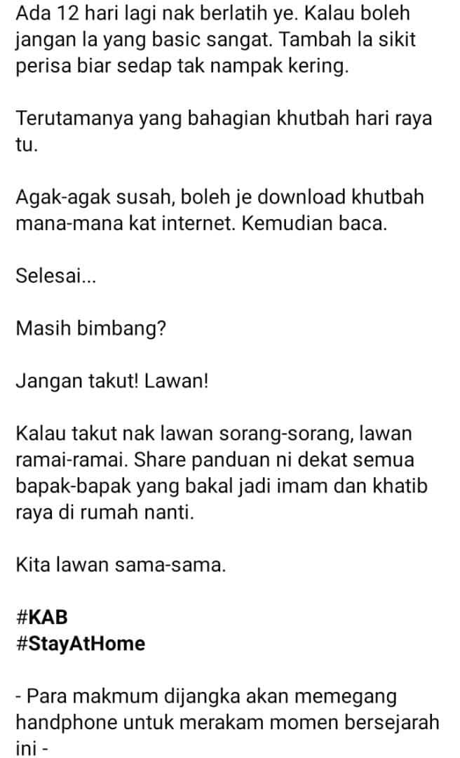 Jangan Takut Bagi Khutbah, Ini Panduan ‘Imam Interim’ Untuk Solat Raya Di Rumah