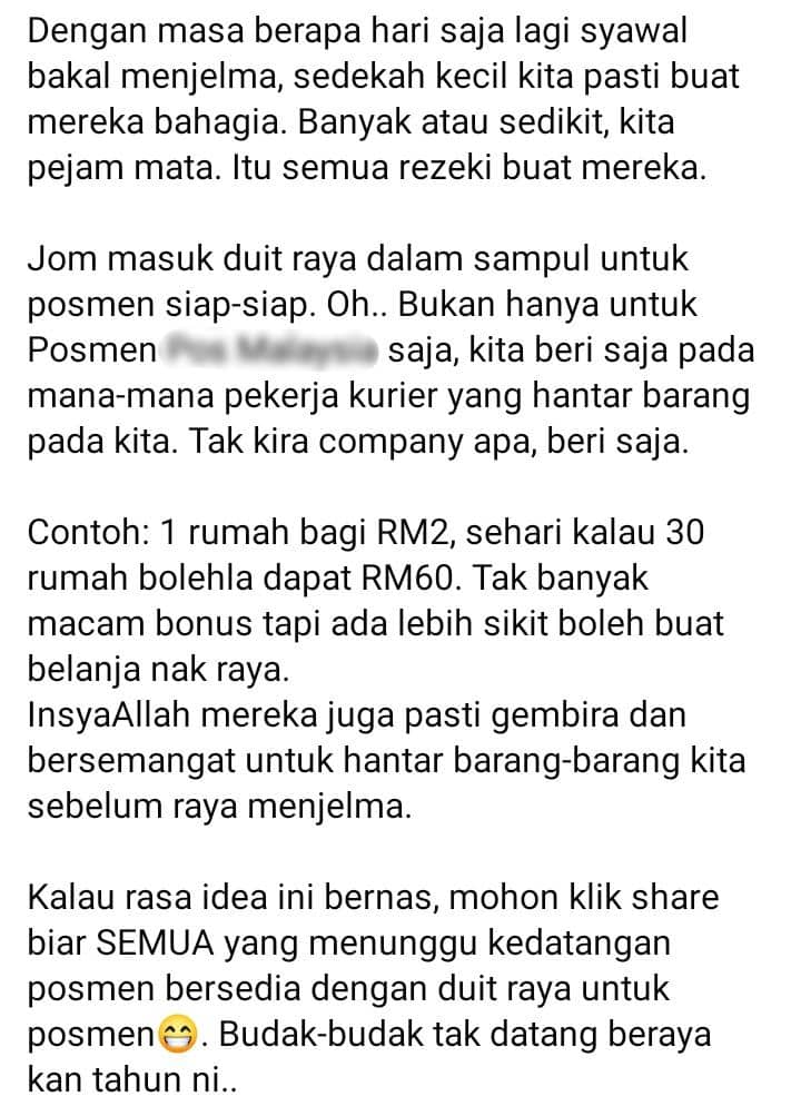 Mulia Sedekah Bulan Ramadan, Guru Ajak Hulur ‘Duit Raya’ Untuk Abang Posmen