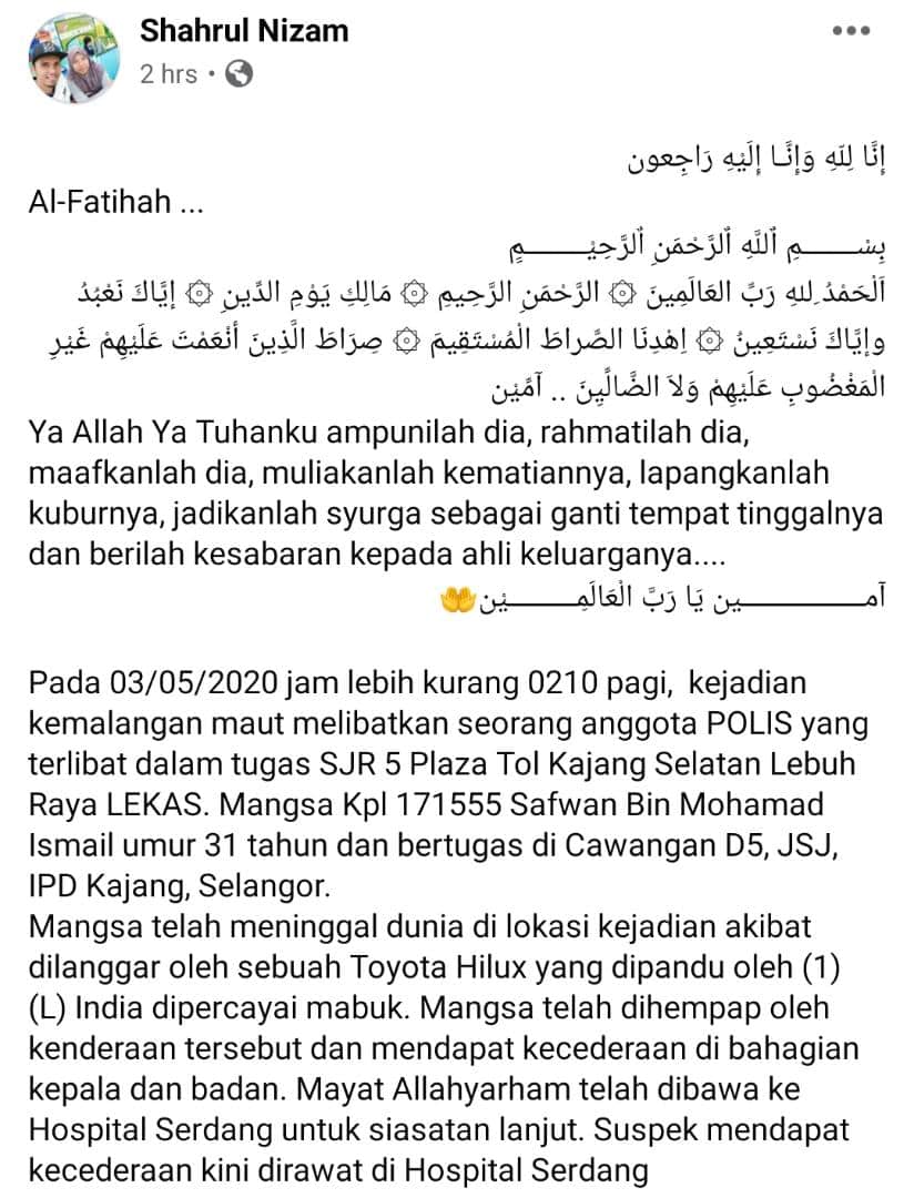 Anggota Polis ‘Ajal’ Ketika Kawal Roadblock PKP, Pemandu Didakwa Hilang Kawalan