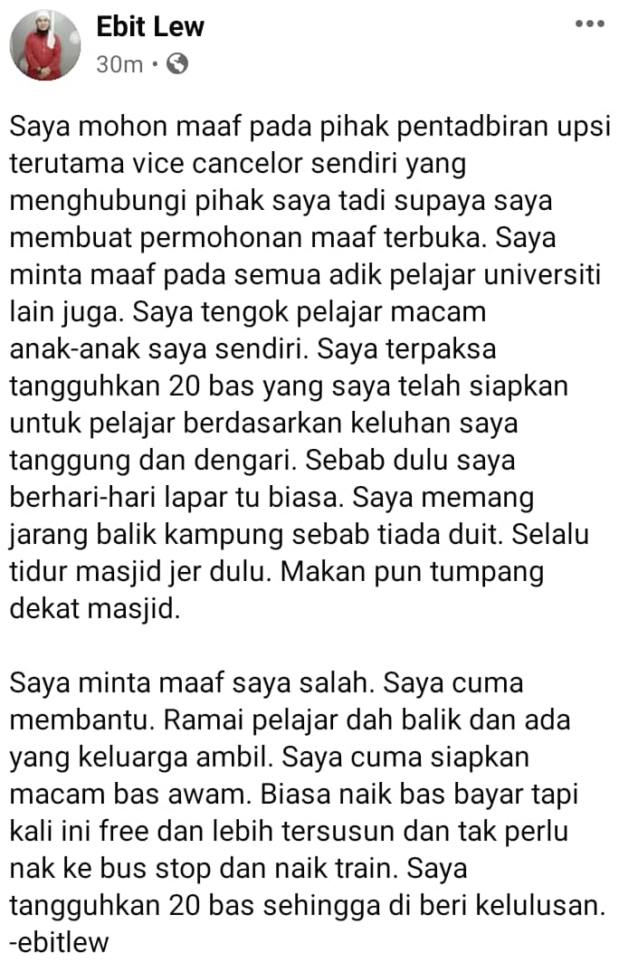 Bantu Pelajar Balik Naik Bas, Ebit Lew Minta Maaf Lepas Ditegur Pihak IPT