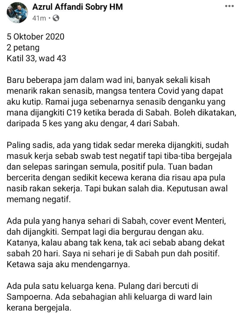 Dulu Lantang Bahas Isu COVID-19, Wartawan Sah Positif Dedah Kisah Bilik Rawatan