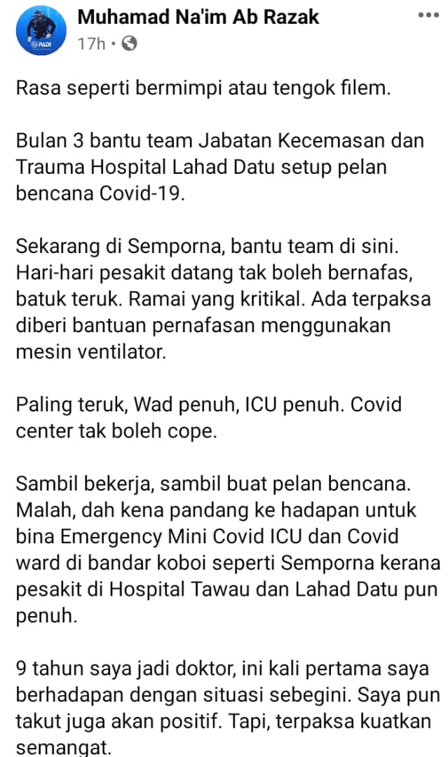 Mimpi Ngeri Berulang, Frontliner Dedahkan COVID-19 Di Sabah -“ICU Dah Penuh”