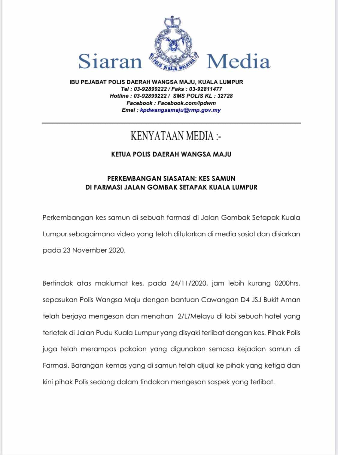 Rentap Rantai Emas Pelanggan Farmasi, Suspek Rupanya Banyak Rekod Jenayah