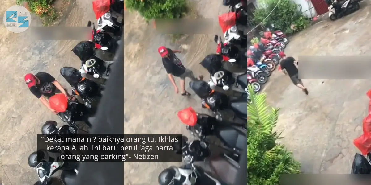 [VIDEO] Penjaga Parking Redah Hujan, Gigih Sarung Semua Helmet Guna Plastik