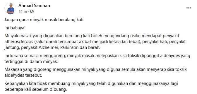 Doktor Warning Jangan Guna Minyak Masak Berulang Kali, Undang Risiko Barah