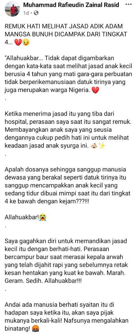 Ustaz Kuatkan Diri, Sebak Uruskan Jasad Budak Dibaling Atuk Tiri Dari Tingkat 4