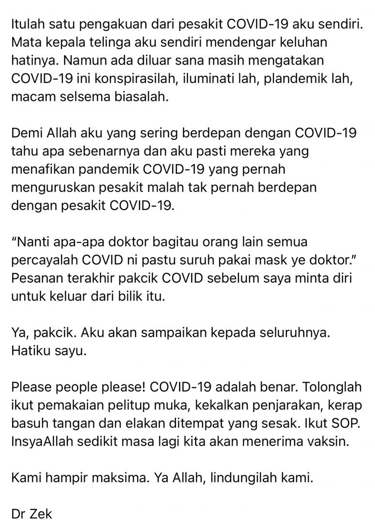 Menyesal Dulu Tak Percaya Cakap Doktor, Atuk Positif COVID-19 Rayu Patuh SOP