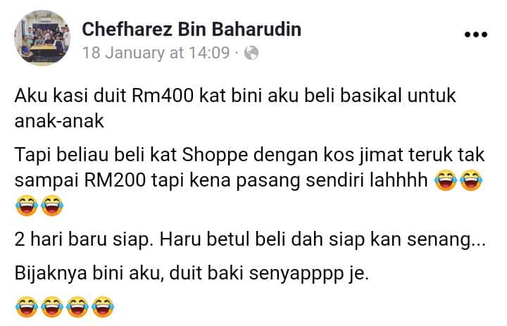 2 Hari Suami Struggle Pasang Basikal Anak, Pelik Mana Bini Simpan Duit Baki