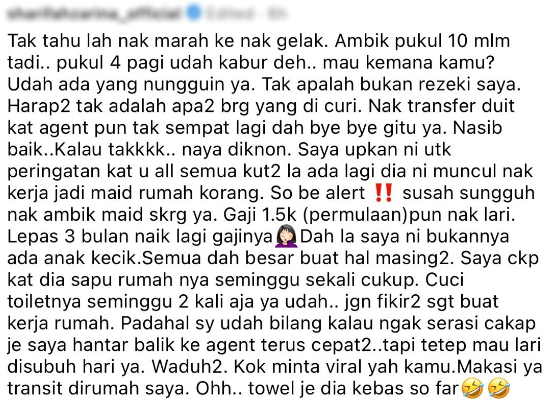 Baru 6 Jam Bekerja, Pembantu Rumah Sharifah Zarina Lari Sempat Rembat Tuala